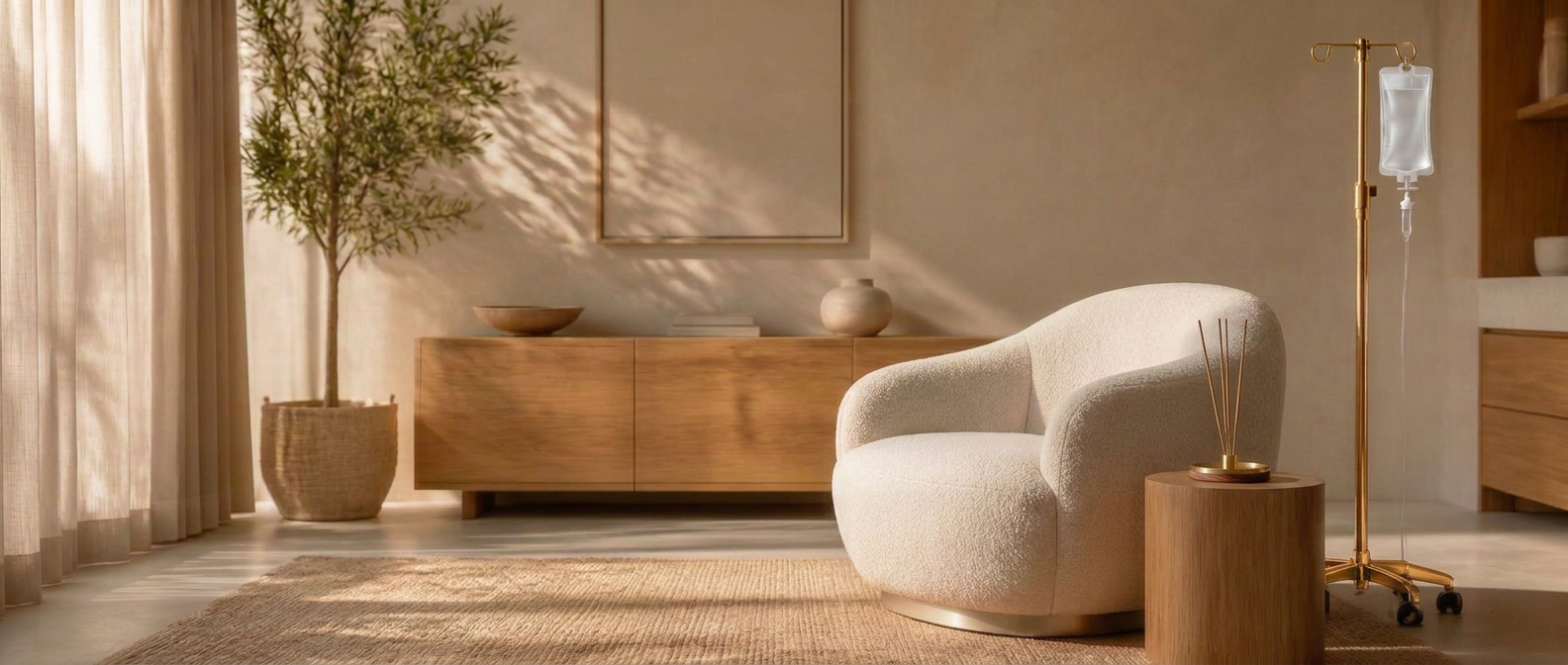 Sunlit living room with a gold IV drip stand and incense holder beside a boucle armchair